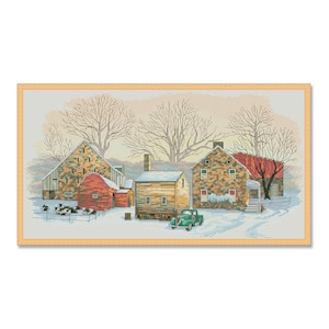 Farm Hamlet, Counted Cross Stitch Pattern, Autumn Landscape Pattern, Instant Download PDF, Needlework Chart, Village Cottage