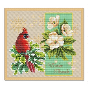 Miracle de l'hiver, modèle de point de croix compté, animaux sauvages, oiseau des neiges, forêt d'hiver, Noël, téléchargement motif numérique décoration Xstitch à la main