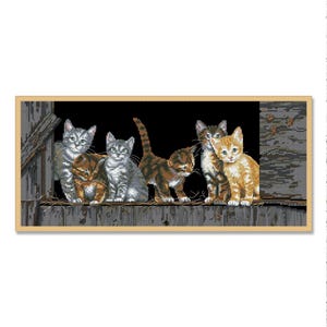 May include: Cross-stitch artwork featuring six kittens of varying colors, including gray, orange, and brown, perched on a wooden ledge. The kittens are depicted in a detailed, realistic style, with a dark background.