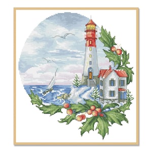 Christmas Lighthouse, Counted Cross Stitch Pattern, Summer Landscape, Needlepoint Chart, Digital Pattern PDF, Seagulls Boat, Sea Wave