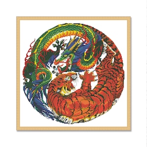 May include: A colorful embroidery design featuring a green dragon and an orange tiger intertwined in a circle. The dragon has blue and yellow accents, while the tiger has black stripes.