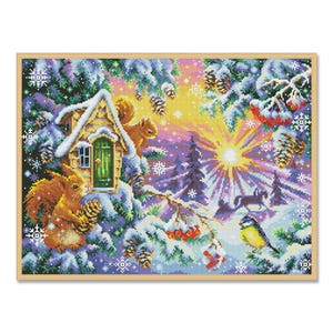 Matin d'hiver, motif point de croix compté, forêt d'hiver, soleil, neige, oiseau, décoration des fêtes de fin d'année, arbre de Noël, téléchargement immédiat PDF