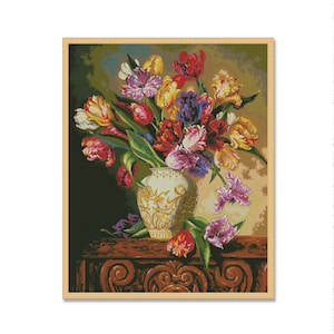 Tulipanes Loro, Patrón Punto de Cruz, Patrón Digital PDF, Decoración Moderna, Flores Primaverales, Jarrón Oriental, Carta Floral, Descarga Instantánea
