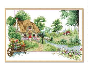 Sommer Parfüm, gezählt Kreuzstich Muster, Dorf Cottage, Sommer Wald , Handstickerei, Nadelspitze, digitales Muster PDF