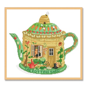 Garden Teapot Collection, Counted Cross Stitch pattern, Kitchen Still Life, Cups, Mugs, Tea Time, Home Modern Decor, Instant Download PDF