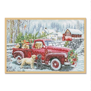 Christmas delivery, Counted Cross Stitch Pattern, Christmas Village, Winter Landscape, Hand Needlepoint Chart, Cottage, Dogs Pattern image 1