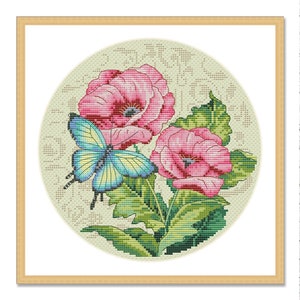 Vlinders en bloemen, geteld kruissteekpatroon, bloemen natuur kruissteek, insecten, bloeiende vlinder, bloemenpatroon download pdf