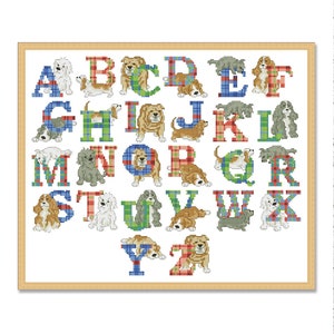Filhotes ABC, padrão de ponto cruz contado PDF, alfabeto, letras, letras, personalização, cães engraçados, cachorrinhos brincando, decoração Xstitch