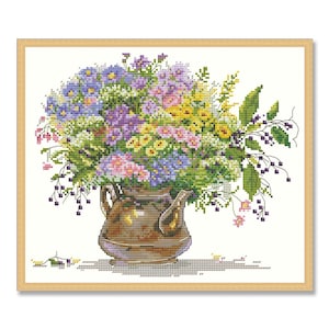 Wilde bloemen, telpatroon, bloemen in een mandje, digitale patroon-pdf, bloemenpatroon wilde bloemen, borduurwerk boeket