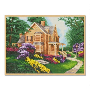 Victorian Cottage, Counted Cross Stitch Pattern, Summer Landscape Pattern, Instant Download PDF, Needlework Chart, Village Cottage