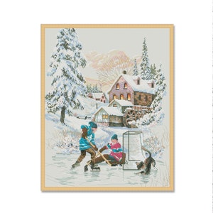 May include: A winter scene with a small house and a snow-covered landscape. Two children are playing hockey on a frozen pond, while a dog watches from the sidelines.