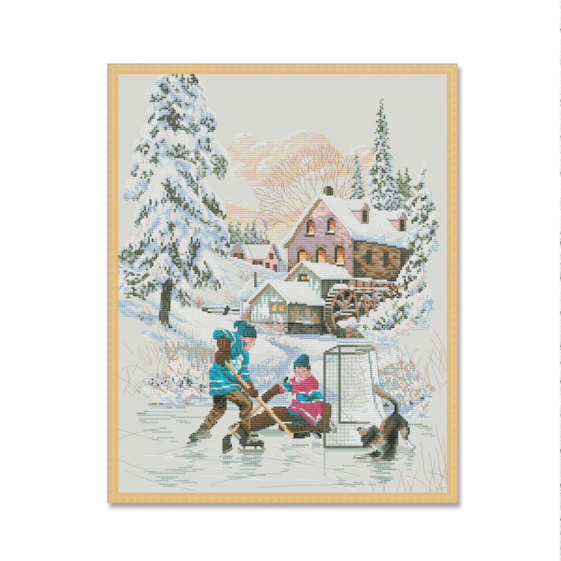 May include: A winter scene with a small house and a snow-covered landscape. Two children are playing hockey on a frozen pond, while a dog watches from the sidelines.