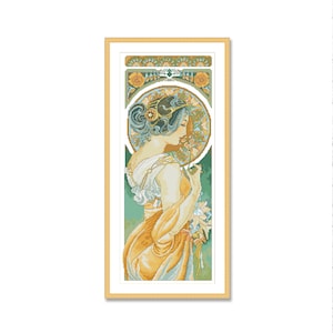 Meisje met sleutelbloem, Cross Stitch Patroon, Alphonse Mucha, Art Nouveau, Vrouwen, Bloemen, Digitale Patroon PDF, Hand Handwerk Grafiek