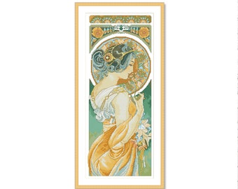 Girl with primrose, Cross Stitch Pattern, Alphonse Mucha, Art Nouveau, Women, Flowers, Digital Pattern PDF, Hand Needlework Chart