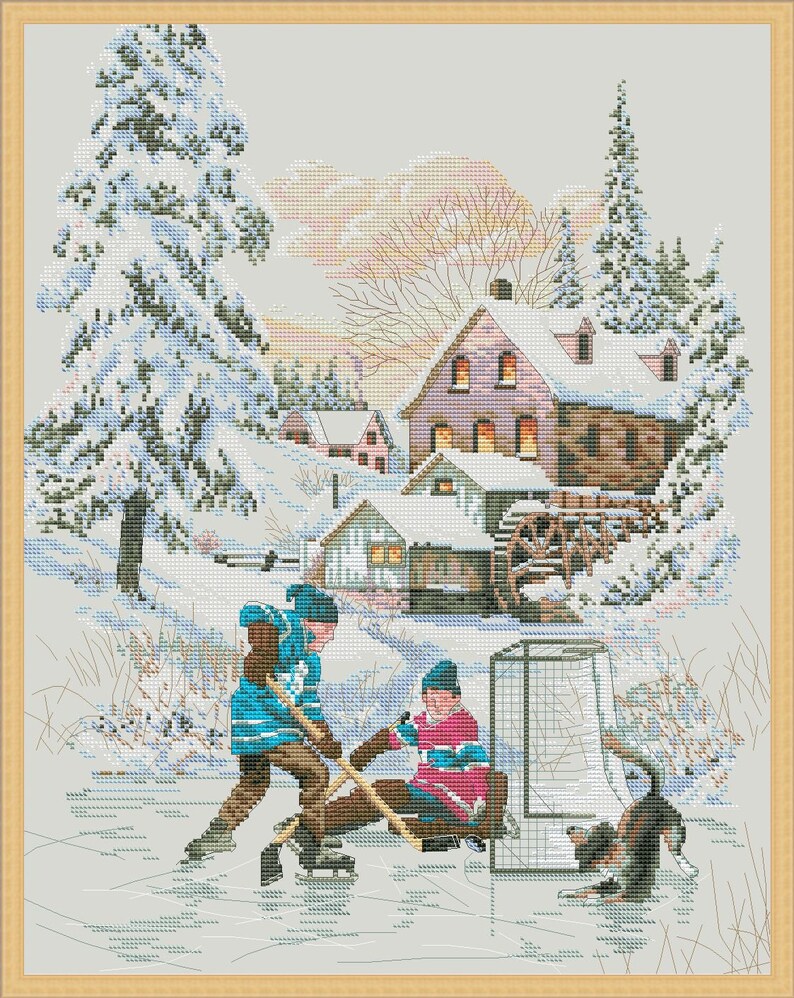 May include: Two children wearing hockey jerseys play hockey on a frozen pond in front of a snowy village. A dog watches them play.