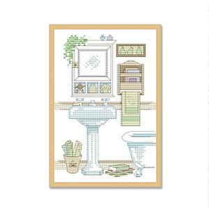 Puede incluir: Un patrón de punto de cruz de un baño con un lavabo blanco, una bañera, un espejo y un estante con toallas. El baño está decorado con plantas verdes y una estrella de mar.