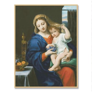 May include: A framed painting showing a woman in a blue robe holding a child in a white garment. The child holds a cloth and a bunch of grapes. A basket of fruit sits on a table. The painting is in a classical style.