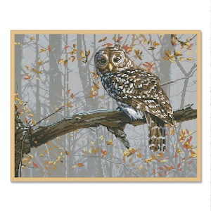 Wijze uil, geteld kruissteekpatroon, digitaal patroon, herfstbos, vogelpatroon, wilde dieren, naaldpuntdiagram, Instant Download PDF