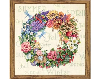 Wreath of All Seasons, Counted Cross Stitch Pattern, Dragonfly, Floral pattern, Wildflowers Pattern, Wreath of flowers, Instant Download
