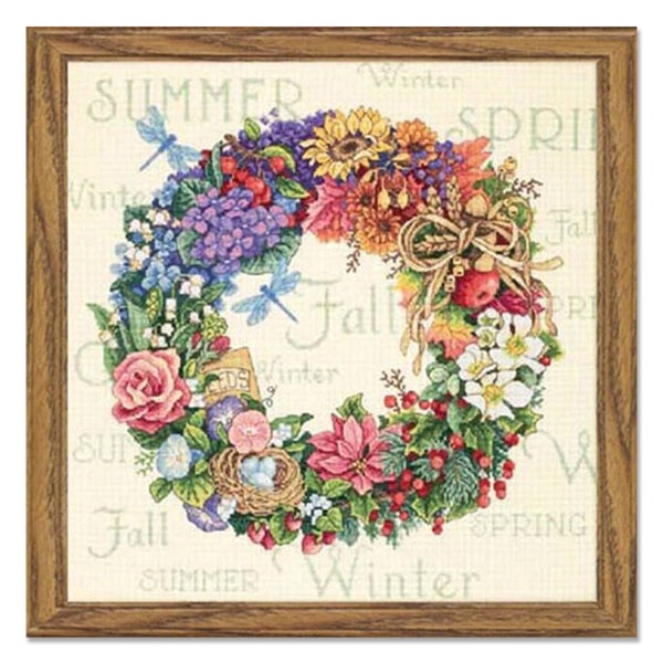 Wreath of All Seasons, Counted Cross Stitch Pattern, Dragonfly, Floral pattern, Wildflowers Pattern, Wreath of flowers, Instant Download