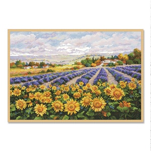 Lavendelveld, geteld kruissteekpatroon, bloemmotief, zomerlandschap, geel bloemenpatroon, Instant Download PDF