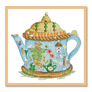 Garden Teapot Collection, Counted Cross Stitch pattern, Kitchen Still Life, Cups, Mugs, Tea Time, Home Modern Decor, Instant Download PDF