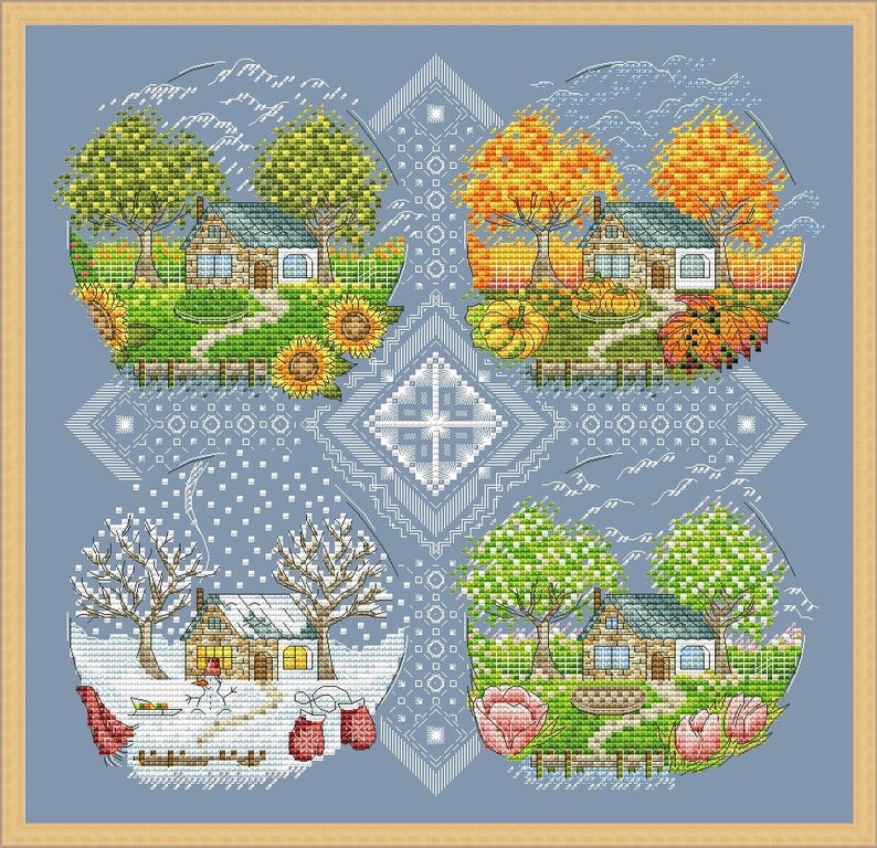 May include: A cross-stitch artwork depicting four seasonal scenes: spring, summer, autumn, and winter. Each scene features a house, trees, and seasonal elements like sunflowers, pumpkins, and snow. The artwork is framed in a light blue border.