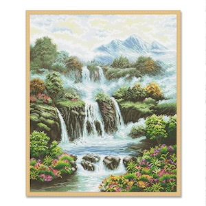 Berglandschaft Kreuzstichmuster Bergfluss Wasserfall Sommerlandschaft Handstickerei Handarbeitsvorlage Digitales Muster