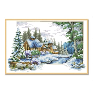 Snowy Village, Counted Cross Stitch Pattern, Winter Landscape Pattern, Instant Download PDF, Needlework Chart, Village Cottage