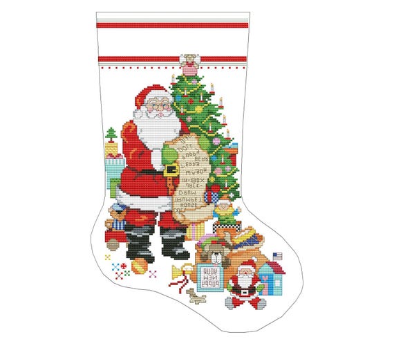 Christmas Stocking, He's Making A List Stocking, Spirit of Christmas, Counted Cross Stitch Pattern, Santa, Needlework Chart Instant download