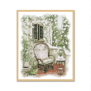 Harmony of Summer, Counted Cross Stitch Pattern, Summer Landscape, Flowering Terrace, English village, Needlepoint Chart, Digital Pattern