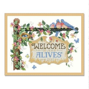 Welkom, geteld kruissteekpatroon, land tuin, digitaal patroon, modern decor, liggend patroon, borduurpatroon, tuinbloem