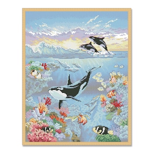Levende oceaan, Geteld kruissteekpatroon, Vis kruissteek, Dolfijnen domein, Grafiek PDF, Oceaan, Onderwaterwereld, Koralen, Tropische vissen