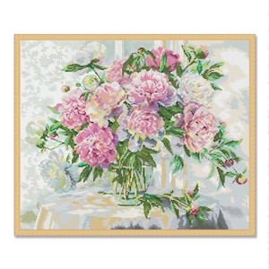 Boeket van pioenrozen, geteld kruissteekpatroon, digitaal patroon, bloemenpatroon met wilde bloemen, boeketborduurwerk, Instant Download PDF