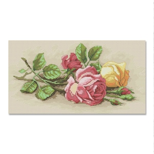 Rozenstekken, geteld kruissteekpatroon, oosterse bloemen, digitaal patroon PDF, bloemenkaart, patroon van wilde bloemen, boeketborduurwerk