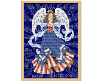 Ángel Patriótico, Patrón Punto de Cruz Contado, Chica Vintage, Paloma Pájaro, Ángel Americano, Patrón Digital, Ángel Niña, Alas, Decoración Xstitch
