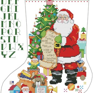 K&ouml;nnte beinhalten: Ein wei&szlig;er Weihnachtssocken mit einem rot-wei&szlig; gestreiften B&uuml;ndchen. Der Weihnachtsmann steht neben einem gr&uuml;nen Weihnachtsbaum und h&auml;lt eine Geschenkeliste in der Hand. Der Socken ist gef&uuml;llt mit Spielzeug, darunter ein Haus, eine Trommel, ein Teddyb&auml;r, ein Welpe und eine Puppe. Der Text auf der Liste lautet: "DKC HOUSE TRUMPET DRUM JACK X-MAS IN A BOX BEAR PUPPY DOLE".
