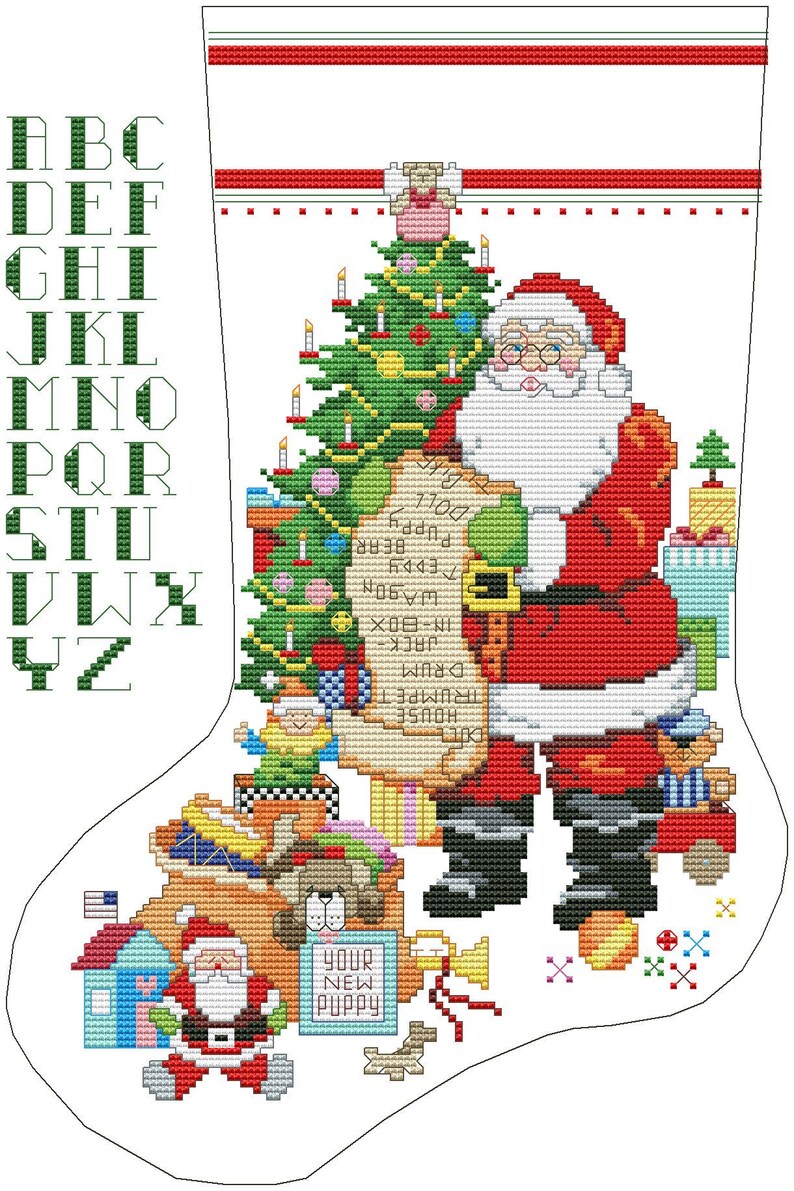 K&ouml;nnte beinhalten: Ein wei&szlig;er Weihnachtssocken mit einem rot-wei&szlig; gestreiften B&uuml;ndchen. Der Weihnachtsmann steht neben einem gr&uuml;nen Weihnachtsbaum und h&auml;lt eine Geschenkeliste in der Hand. Der Socken ist gef&uuml;llt mit Spielzeug, darunter ein Haus, eine Trommel, ein Teddyb&auml;r, ein Welpe und eine Puppe. Der Text auf der Liste lautet: "DKC HOUSE TRUMPET DRUM JACK X-MAS IN A BOX BEAR PUPPY DOLE".