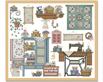 May include: A cross-stitch pattern featuring a sewing room with a vintage sewing machine, a cabinet with shelves, a quilt block, and other sewing supplies. The pattern includes the words "Welcome", "Home Sweet Home", and "Jacqarts".