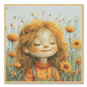 May include: Cross-stitch artwork depicting a smiling child with closed eyes, amidst orange and yellow flowers. The child has long, wavy, orange hair and wears an orange top and grey dungarees. The background is a soft, light blue.