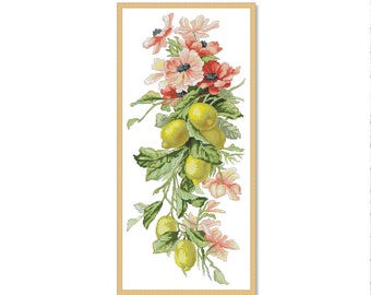 Lemons and Anemones, Counted Cross Stitch Pattern, Branch with lemons, Kitchen Still Life, Modern Decor Pattern, Summer fruits, Chart PDF