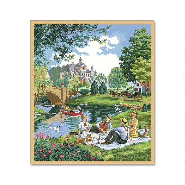 Picnic on the Lawn, Counted Cross Stitch Pattern, Summer Landscape, Hand Embroidery, English village, Needlepoint Chart, Digital Pattern PDF