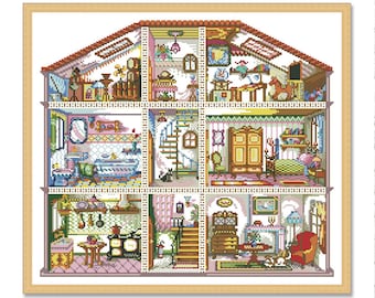 Victorian Doll House, Counted Cross Stitch Pattern, Home sweet home, Instant Download PDF, Needlework Chart, Village Cottage
