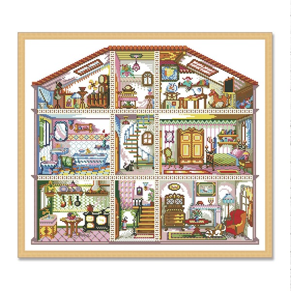 Victorian Doll House, Counted Cross Stitch Pattern, Home sweet home, Instant Download PDF, Needlework Chart, Village Cottage