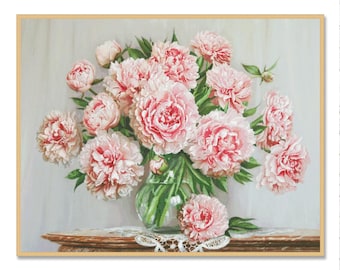 Bouquet of Peonies Cross Stitch Pattern PDF Elegant Floral Embroidery Design with Pink and White Flowers Instant Download Needlework Chart