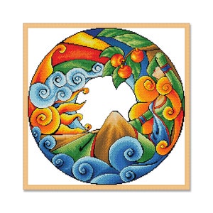 Element Erde, Kreuzstichmuster, Zählmuster, Digital PDF, Modernes Dekor, Vier Symbole, Natur, Landschaft, Berge, Einfache Kreuzstichvorlage