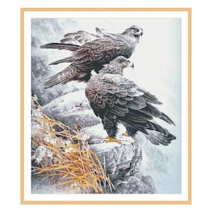 Bergadler Paar, Kreuzstich Muster, Zählmuster, Wildtiere, Schneevogel, Winterwald, Weihnachten, Download Digitales PDF