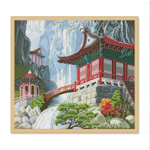 Pagoda, Counted Cross Stitch pattern,  Waterfall, Oriental landscape, Hand Xstitch Decor, Wall Room Decor, Summer Landscape