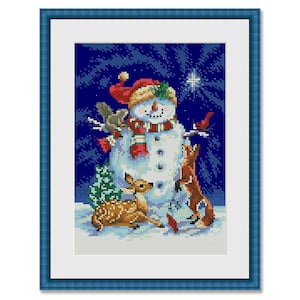 Midnight snowman, Counted Cross Stitch Pattern, Winter, Santa, Snow, Holiday Xstitch Decor, Christmas Tree, Instant Download PDF