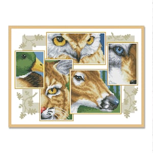 Dierenogen Kruissteekpatroon Wilde dieren grafiek Natuur Modern patroon PDF Dierenborduurwerk Borduurpatroon Tijger Uil Hert Eend Wolf